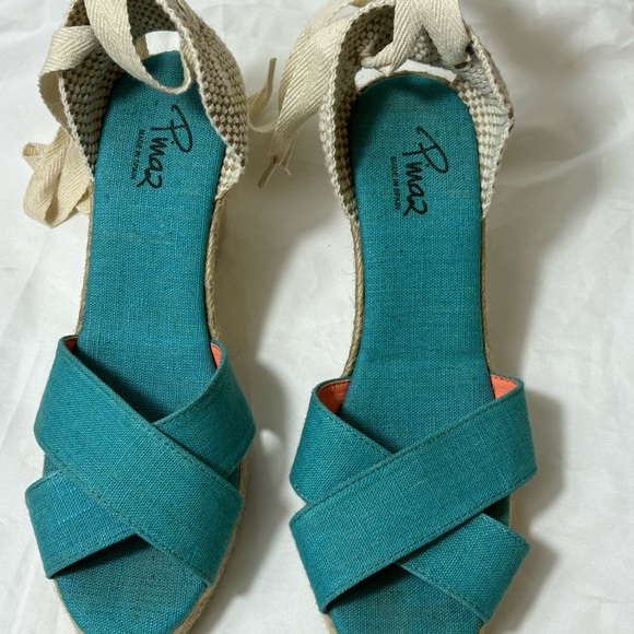 Pima 2 made in Spain blue and white ankle wrap espadrille sandals - Picture 1 of 10